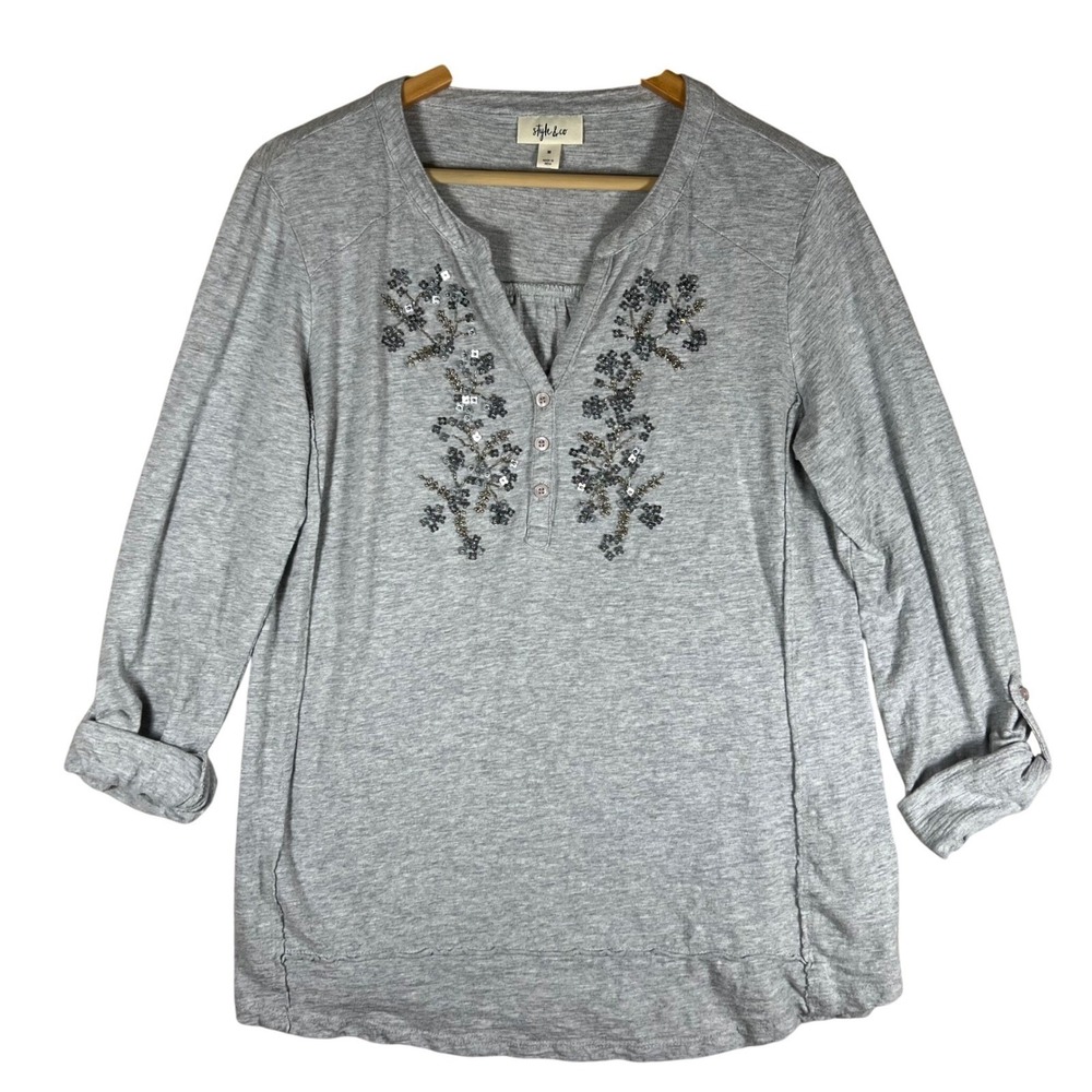 Style & Co Women's Gray Embellished 3/4 Sleeve Top Blouse Size M Cottagecore